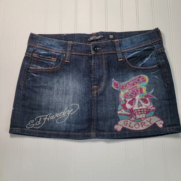 Ed Hardy by Christian Audigi Womens 30 Denim Mini Skirt Tattoo Beaded Jean Y2K - Picture 1 of 6